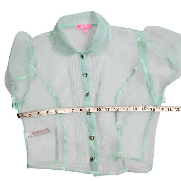 Sugar Thrillz Teal Cropped Sheer Puff Sleeve Mesh Blouse Size: S - Picture 3 of 3